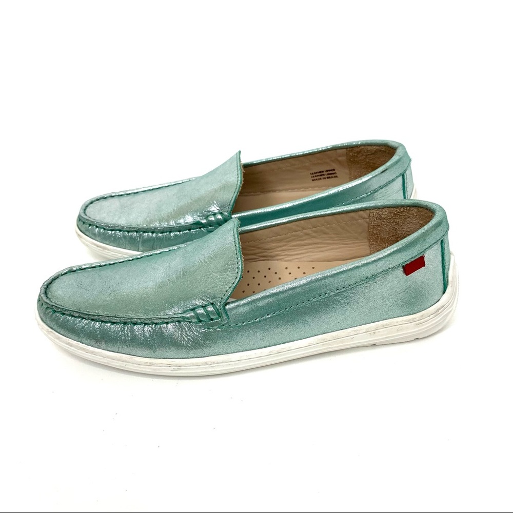 Marc Joseph NY Broadway Leather Turquoise Glimmer Slip On Loafer Shoes Big Girls
